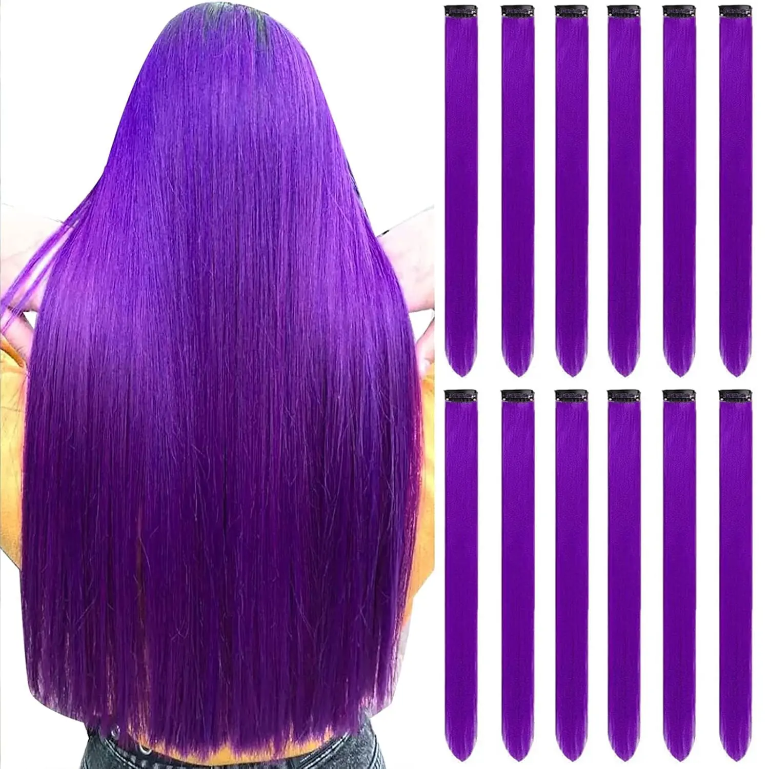 12 count Purple Hair Extensions Clip in, Colored Party Highlights Extension for  Girls Synthetic Hairpiece Straight 22 inch