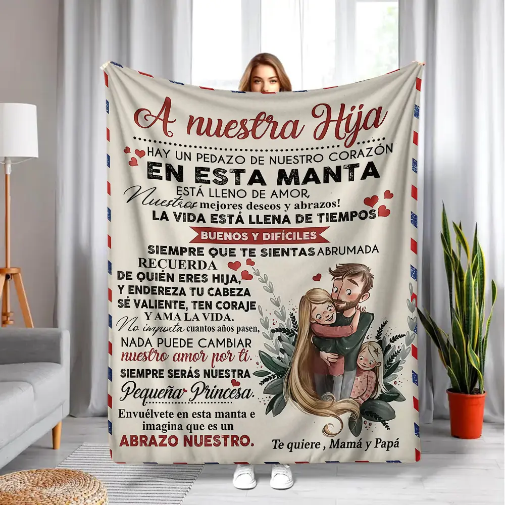 "A Nuestra Hija" Spanish Tribute Throw Blanket - Heartfelt Parent-to-Daughter Quote Print Flannel Blanket, Cozy Soft Blanket with Family Illustration, Perfect Sentimental Gift for Daughters