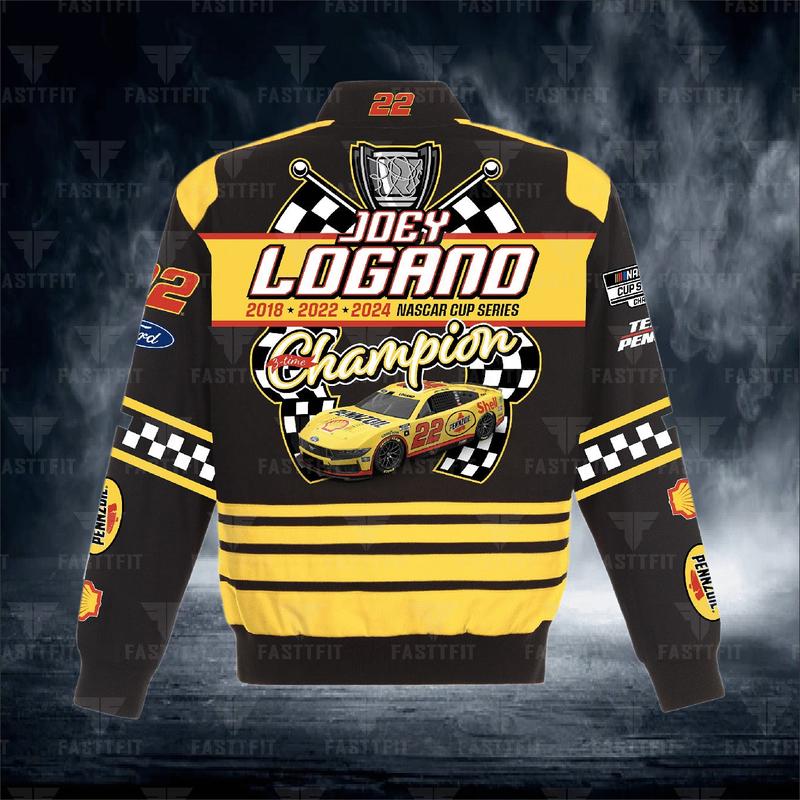 JH Design Black Joey Logano Two-Time Nascar Cup Series Champion Twill Driver Uniform Full-Snap Jacket (FREE T-shirt, FREE Beanie Cap, FREE Scarf, FREE Bag)