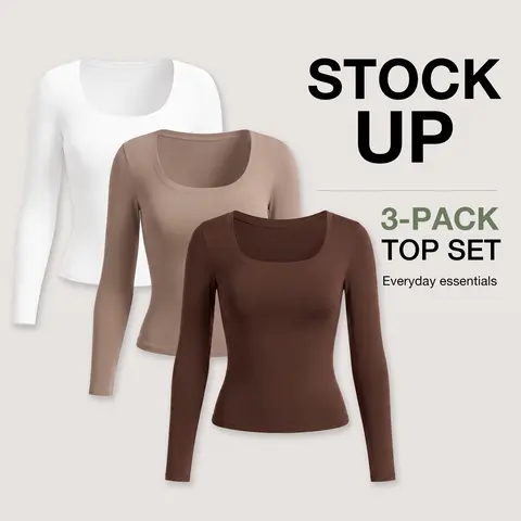 PUMIEY Women's 3-Pack Scoop Neck Long Sleeve Top Double Layer Slimfit Fall Outfits Minimalist Comfort Basic Double layer Smoke Cloud Collection Womenswear