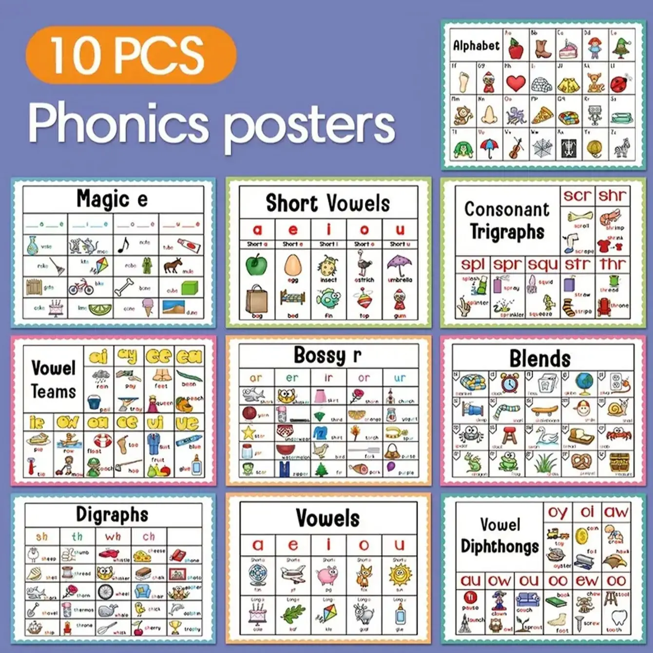 10 Natural Reading Phonics Learning Posters, Alphabet Learning Chart, Toddler Education Word Cards, Classroom Wall Decor, English Teaching Aid Tools, Homeschool Supplies, Learning Materials