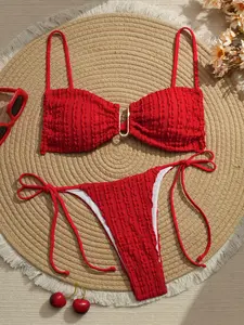 Textured Bikini Set, Hanging Neck Metal Ring Design, Adjustable Straps Triangle Cups Slimming Swimwear, Women's Beachwear, Swimsuit Style Bikini, Triangle Bikini Top