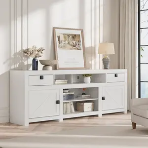 Farmhouse TV Stand for 75/80 Inch TVs 70in Long Entertainment Center with 4 Storage Drawers-3 Open Shelf White Television Consoles Stands for Living Room