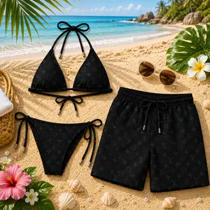 Signature Swim Matching Couple Swimwear Set 2026 – Luxury Dark Aesthetic Swimwear, Sexy Beach Outfit, Summer Vacation 2026 | Hawaii Short Men Beach Shorts Tropical Style (Sold Separately)