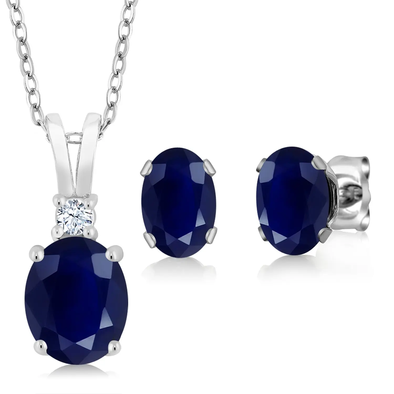 Gem Stone King 3.85 Cttw Oval Blue Sapphire Pendant and Earrings Jewelry Set For Women | 925 Sterling Silver | Gemstone Birthstone | Oval 8X6MM and 7X5MM | With 18 Inch Silver Chain