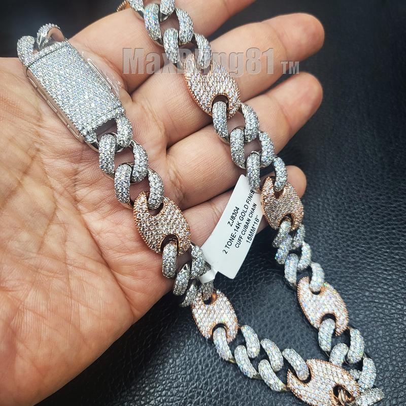 MaxBling81 Unisex Men Women AAA+ SIMULATED DIAMOND 15mm 18" CUFF CUBAN BRASS HIP HOP CHAIN NECKLACE SILVER / ROSE GOLD FINISHED