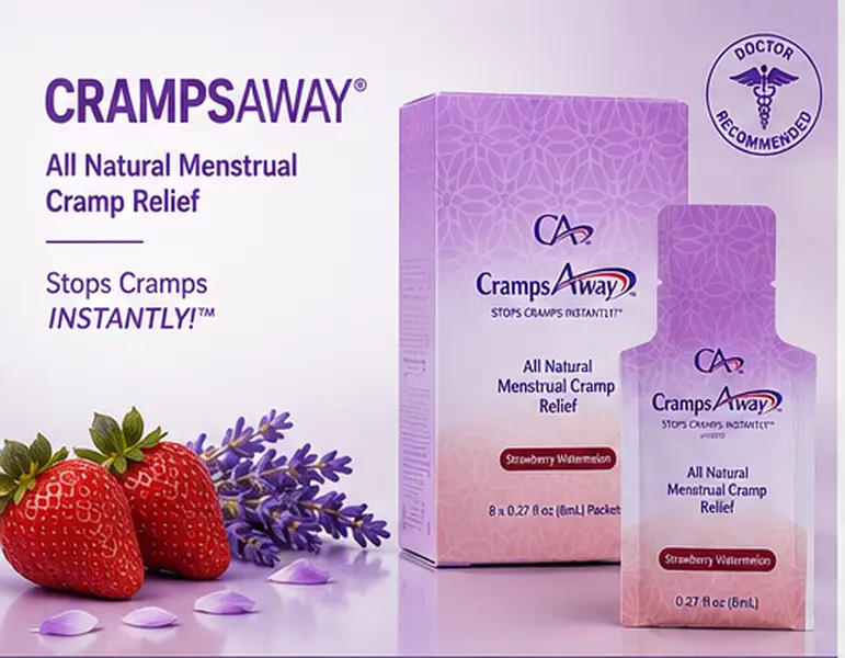 CrampsAWAY 5 Pack - A Safe, Patented, All-Natural, drug-free, Doctor recommended, Strawberry Watermelon Flavor Menstrual Cramp Supplement for Fast Menstrual Cramp Relief Healthcare Edible Fitness Dietary