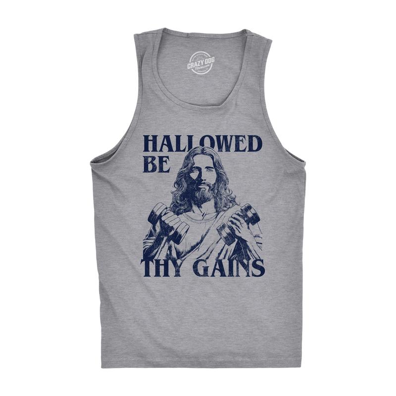 Mens Hallowed Be Thy Gains Fitness Tank Funny Sarcastic Jesus Graphic Novelty Sleeveless Tee for Men Funny Workout Shirt for Men with Plus Sizes Sarcastic Tank Top for Men Funny Fitness Sleeveless Tee Novelty Light Grey