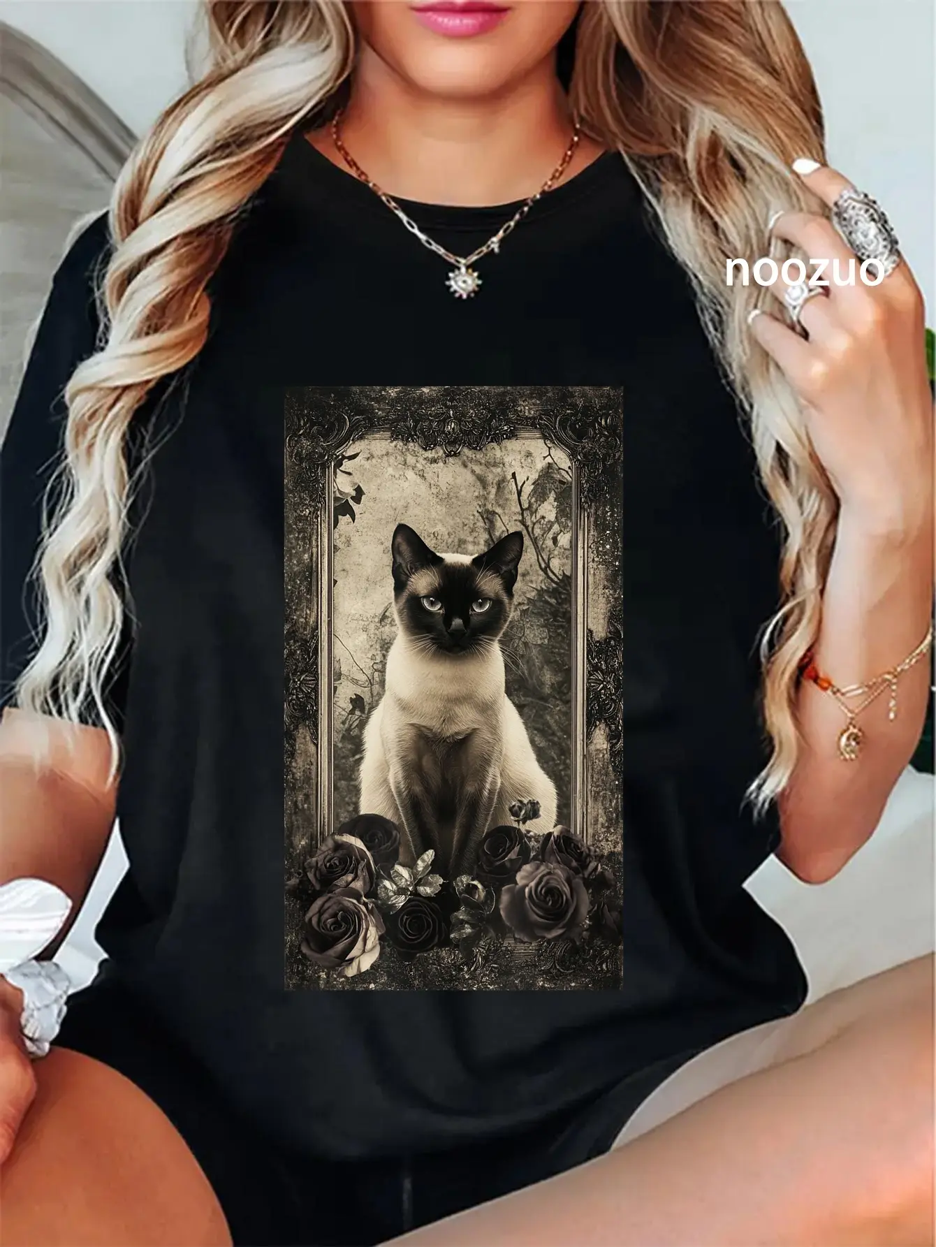 Women's Vintage Gothic 100% Cotton Ripped Short-Sleeve T-Shirt - Siamese Cat & Roses Floral Graphic, Round Neck, Pull On, Small Size Available, Casual Streetwear Top, Distressed Edge, Clothes