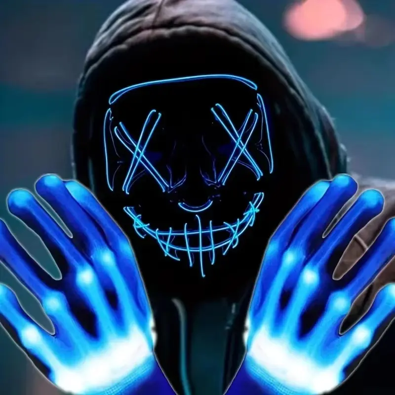 1set LED Mask-Gloves Bundle Set, Light-Up Halloween Neon Purge Mask + Gloves, Festive Masquerade Party Accessories