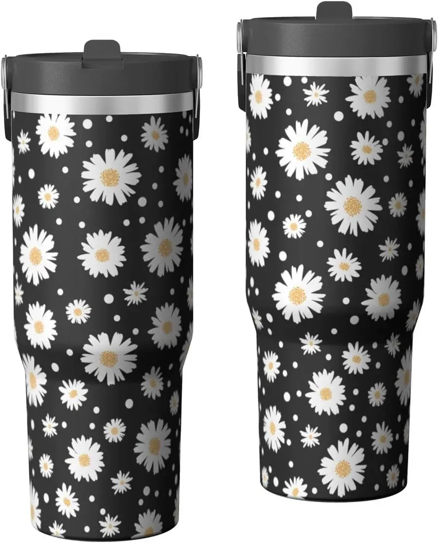30oz Portable Reusable Daisy Tumbler with Handle, Washable Kitchen Drinkware Cup
