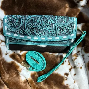 Turquoise  tooled leather cowhide wristlet and crossbody