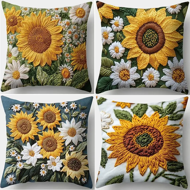 Sunflower & Daisy Pattern Cushion Cover, 4 Counts/set Floral Pattern Cushion Cover without Filler, Household Decoration Supplies Floral Design for Home Living Room Bedroom