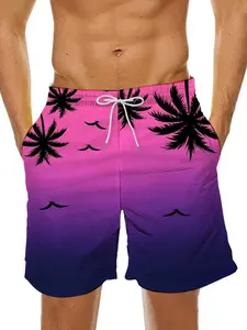 Men's Colorful Tropical Summer Vacation Coconut Tree Casual Fitted Drawstring Shorts, Casual Athleisure Shorts, Simple Holiday Style, Perfect for Beach Vacations and Daily Wear