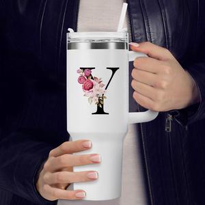 letter & floral pattern tumbler, 1 count 40oz stainless steel insulated coffee tumbler with handle & straw & lid, gifts for women and friend