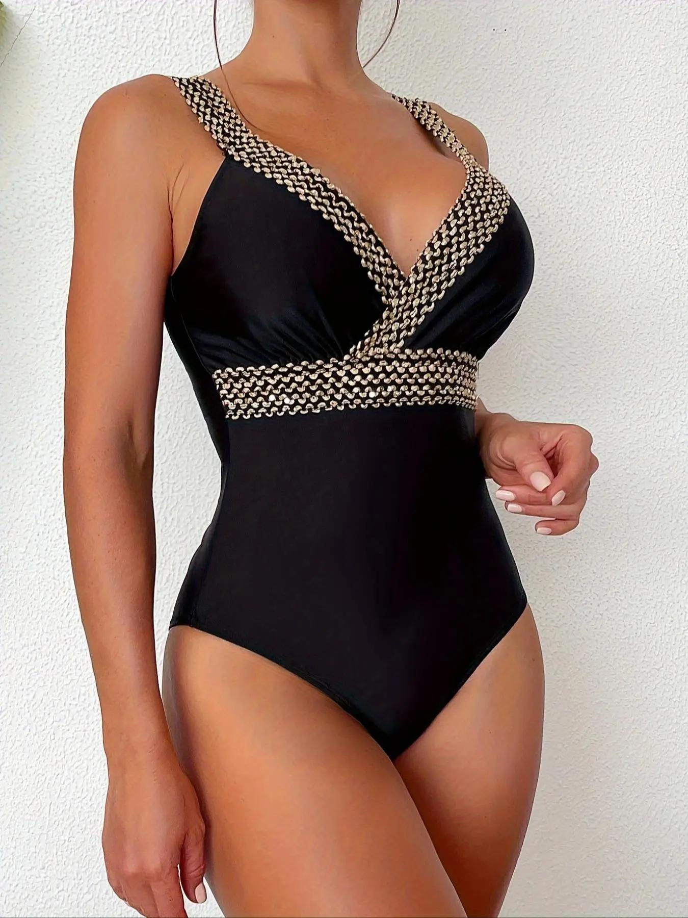 Women's Chevron Print Shirred Backless One-piece Swimsuit, Casual Fashion Wrap V Neck Sleeveless Swimwear for Summer, Ladies Swimwear for Beach Holiday Vacation