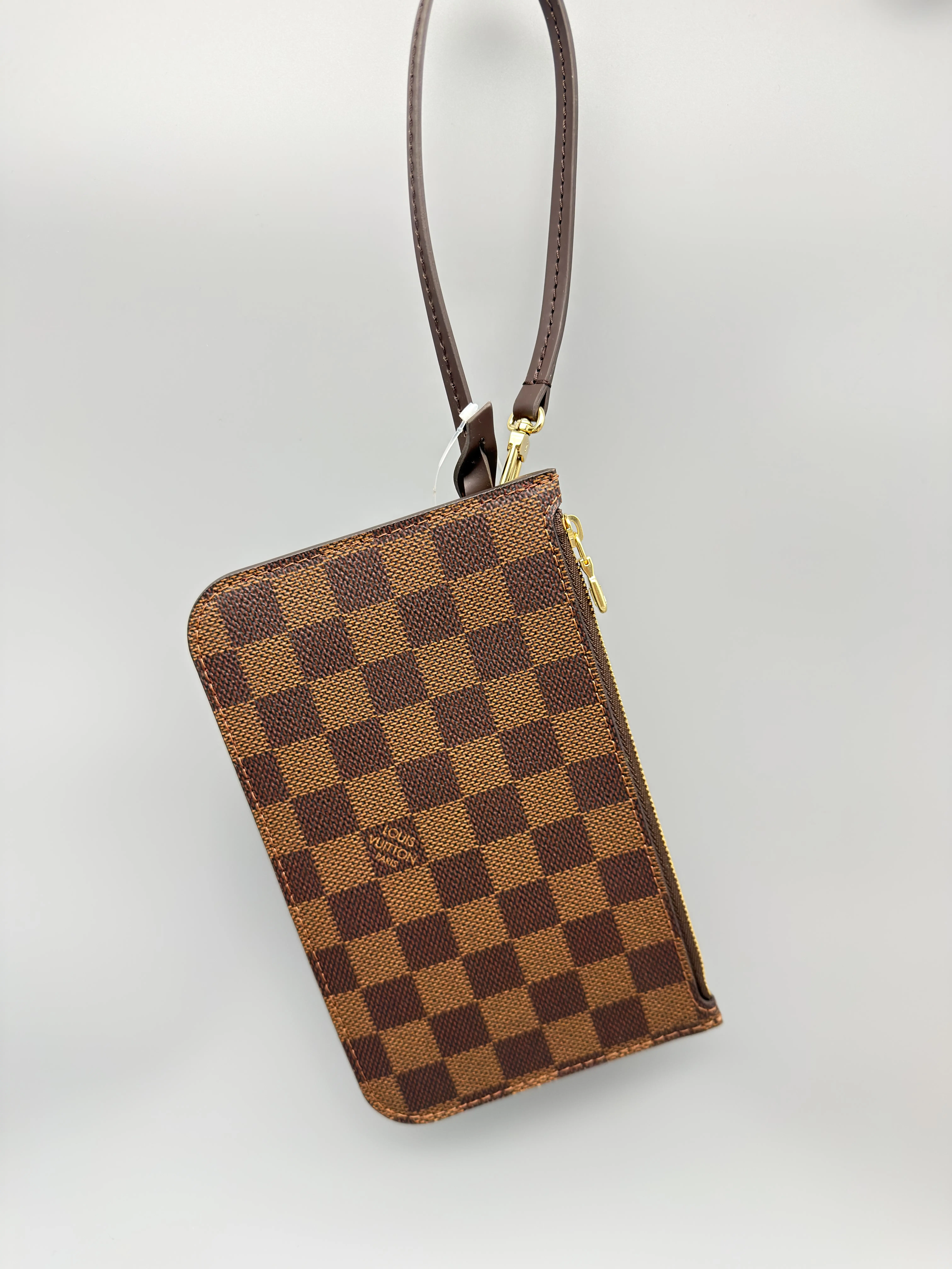 Pre-owned Louis Vuitton Coated Canvas Clutches & Wristlets Damier Ebene Neverfull PM Pouch Only Brown & Beige Checkerboard Patterned Clutch Bag