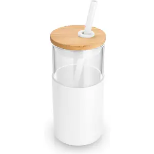Tronco 16 Oz Glass Tumbler with Straw and Bamboo Lid, Iced Coffee Cup Reusable, Smoothie Cups, Tumbler with Silicone Protective Sleeve - BPA Free tronco Bottle Drinkware