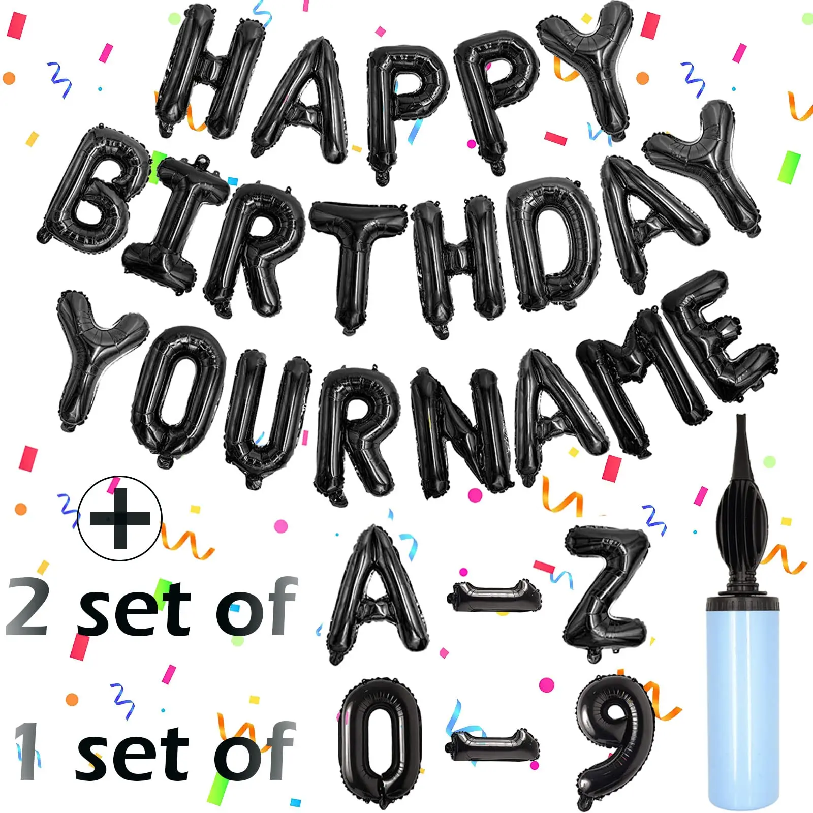 76pcs Happy Birthday Balloon Banner  Black Balloons Letters Personalized 16" Mylar Foil Decorations Includes 2 Sets A- Z 1 Set Number 0-9 And "happy Birthday" (with Pump)