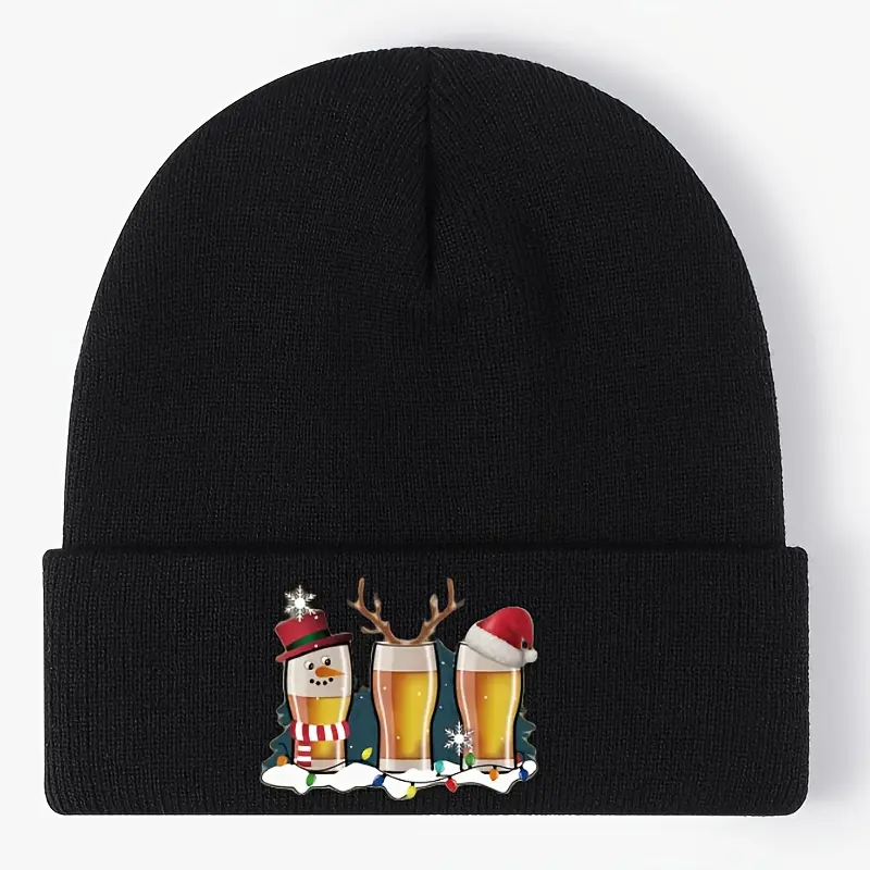 Unisex Festive Print Christmas Knitted Beanie - Casual, Heat Insulating Acrylic Hat with Snowflake, Beer, Reindeer Prints, Warmth Retained for Cold Weather Outdoor Sports, Hand Wash Only, Commute, Skin-Friendly, One Size