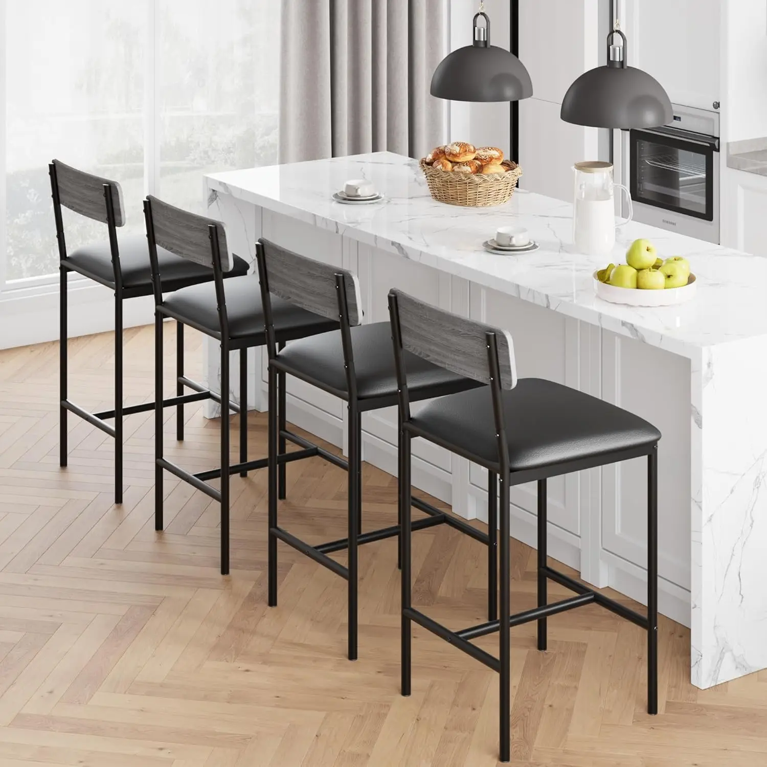 Set of 4  Modern Counter Height Bar Stools– 25.5" Upholstered Kitchen & Dining Chairs – Backrest & Footrest – Sturdy Metal Legs – Comfortable Cushioned Faux Leather Seat – Easy Assembly – Ideal for Kitchen Island, Dining Room, Restaurant