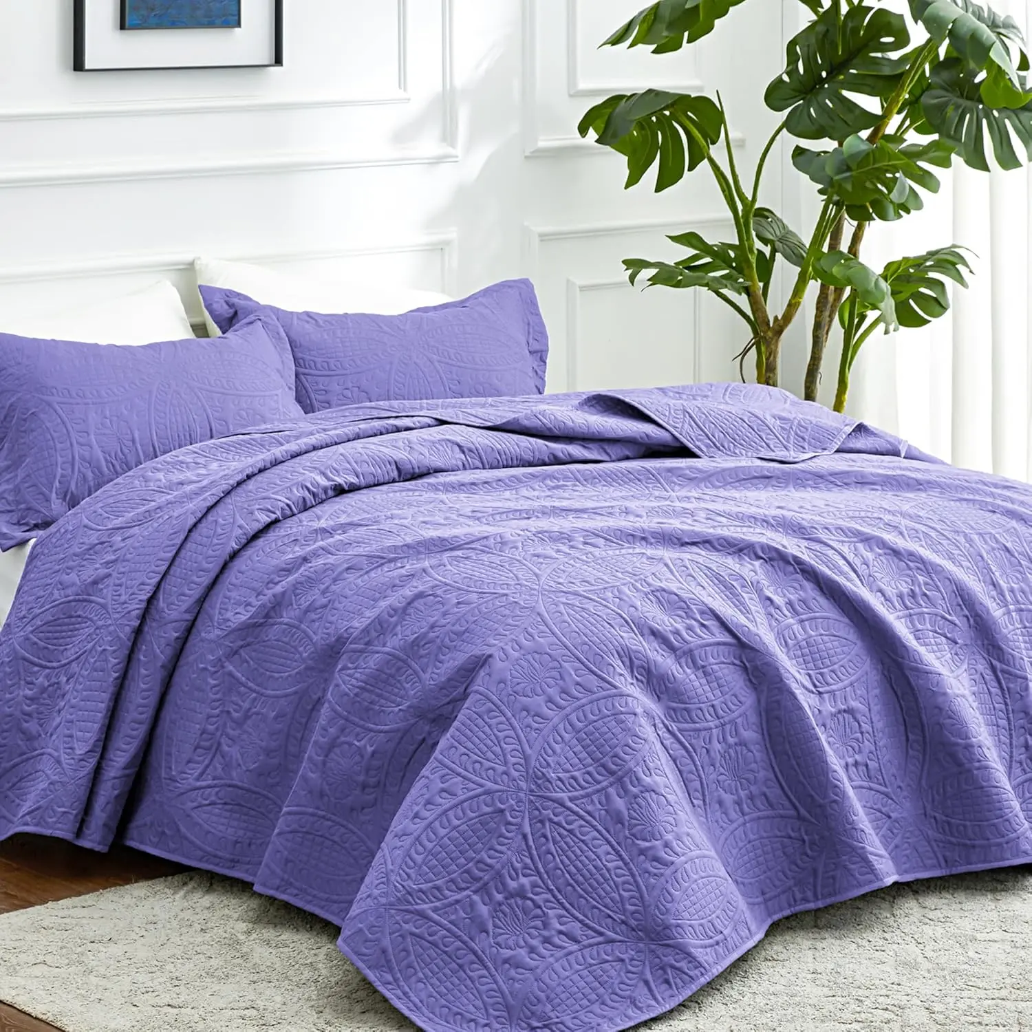 King Size Quilt Deep Purple Bedspreads - Summer Quilt Lightweight Microfiber Bedspread- Coin Pattern Coverlet for - 3 (1 Quilt, 2 Pillow Shams)