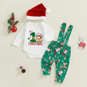 My First Christmas Outfit Baby Boy Newborn Infant Long Sleeve Dots Printed Bow Tie Romper with Overall Pants and Hat Infant Outfit