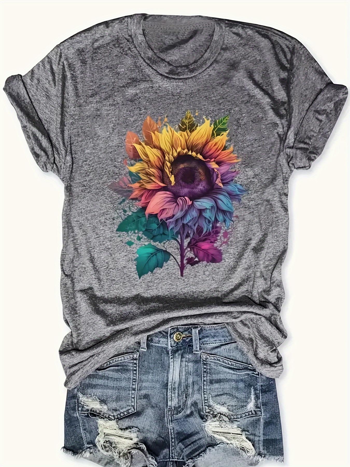 Sunflower Thanksgiving Animal & Letter Print T-Shirt, Casual Short Sleeve Top for Spring & Summer, Women's Clothing, Seasonal Clothing, Summer Outfit, Letter Graphic, Sunflower Design, Comfortable Fit, Soft Material, Printed Tshirt, Lightweight Shirt, Wom