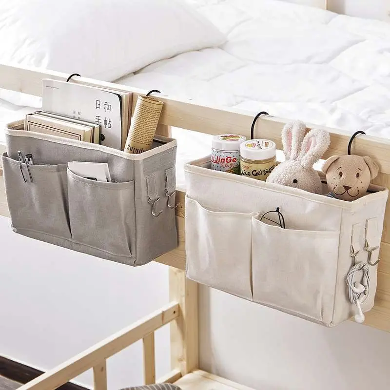 Canvas & Iron Bedside Hanger - Space Saving Organizer for Essential Items - Basket Design with Hanging Hooks - Perfect for Phones, Tablets, Books, Glasses, and Remote Controls - Bedroom Storage Solution