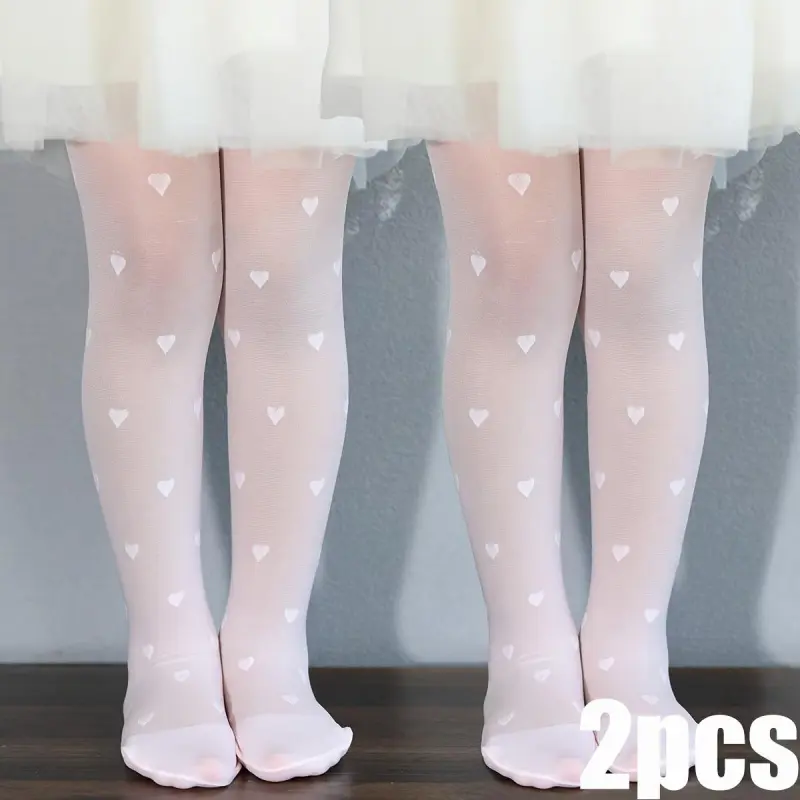 Girls' 2-Piece 2482 Heart-Shaped Print White Footed Dance Tights, Elastic Tight-Fitting Pantyhose, Suitable for Everyday Wear, 2482 Heart-Shaped/White + White - 2 Pieces