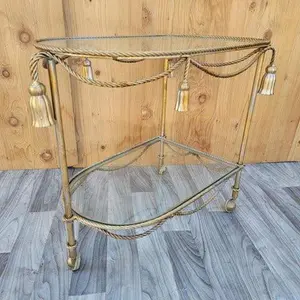 Hollywood Regency Italian Gilt Rope & Tassle Drinks Trolley Bar Cart