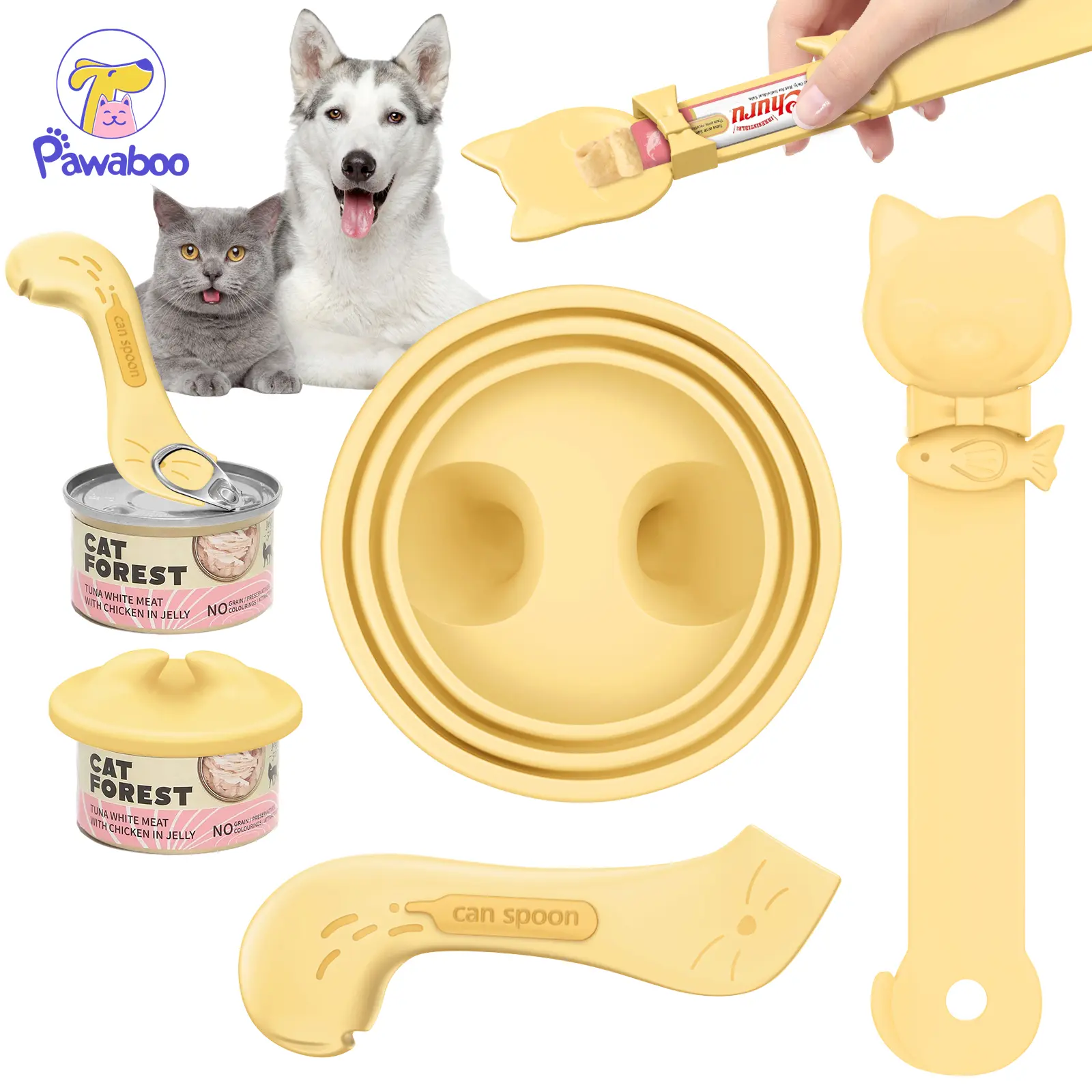 Pawaboo Cat Dog Food Can Lid Spoon and Cat Strip Feeder, 3PCS Pet Cat Supplies Set, Cute Paw Silicone Pet Can Lids Cover, Cat Food Spatula Spoon for Can Opener, Cat Squeeze up Treat Spoon puppy essentials
