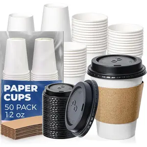 50 Pack 12 oz Disposable Coffee Cups with , Sleeves, Leak-Proof To Go Coffee Cups with , Durable Paper Cups for Hot Beverage, , Office, Party