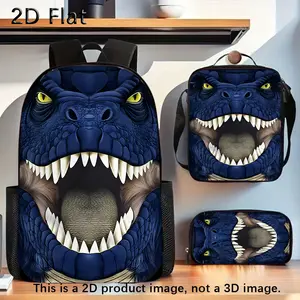 3-Piece Blue Dinosaur Roar Themed Travel Bag Set - Spacious Backpack, Pencil Case, Adjustable Shoulder Strap Zippered Crossbody/Lunch Bag, Ideal Gift for Travel & Daily Commuting