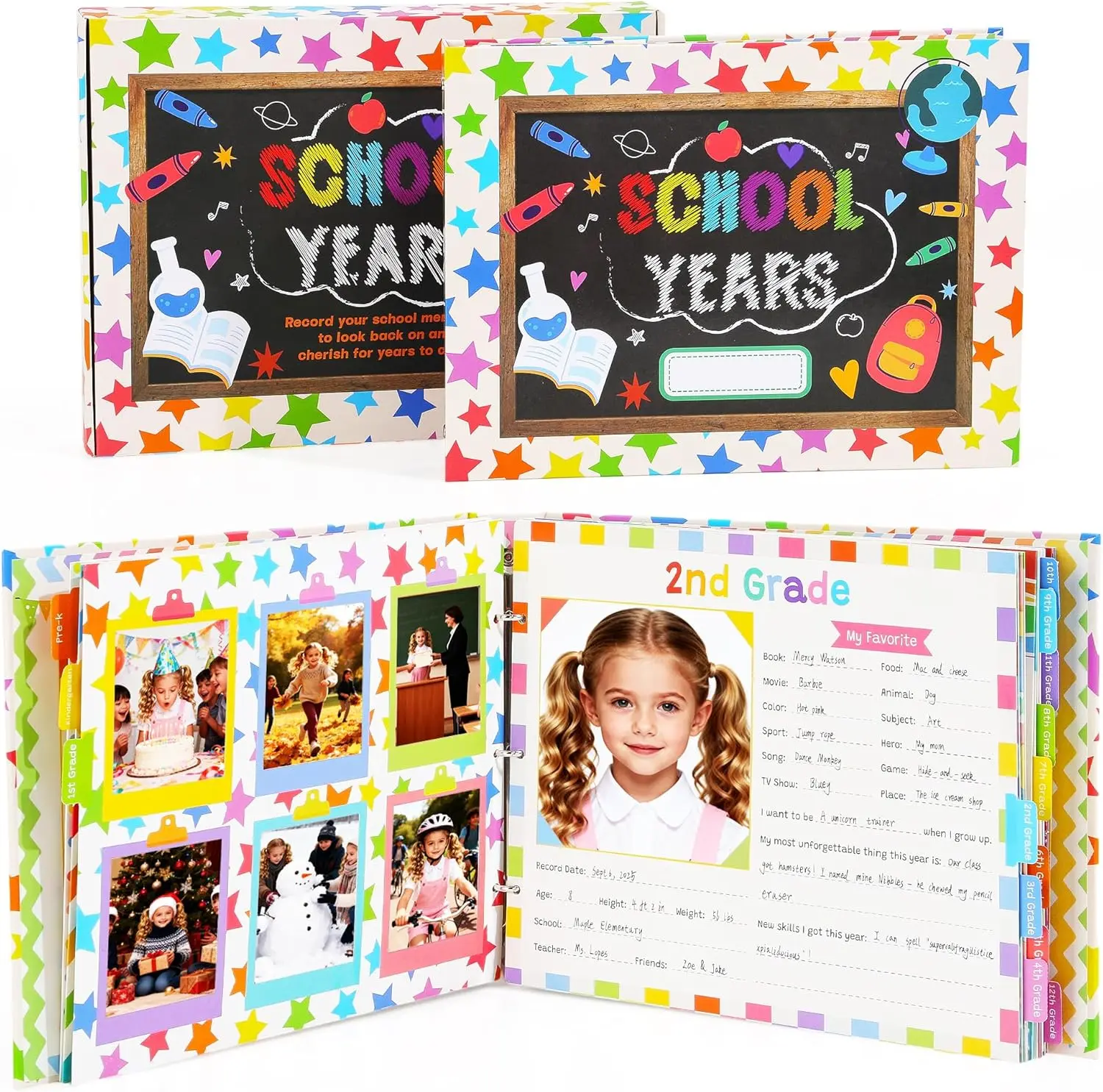 Scrapbooking Albums for Kids School Years Memory Book, Preschool to 12th, 17 Pages for Photos & Artwork, Includes Birthday/Christmas/Halloween Pages, Index Tabs & Ruler, Gift-Ready Box