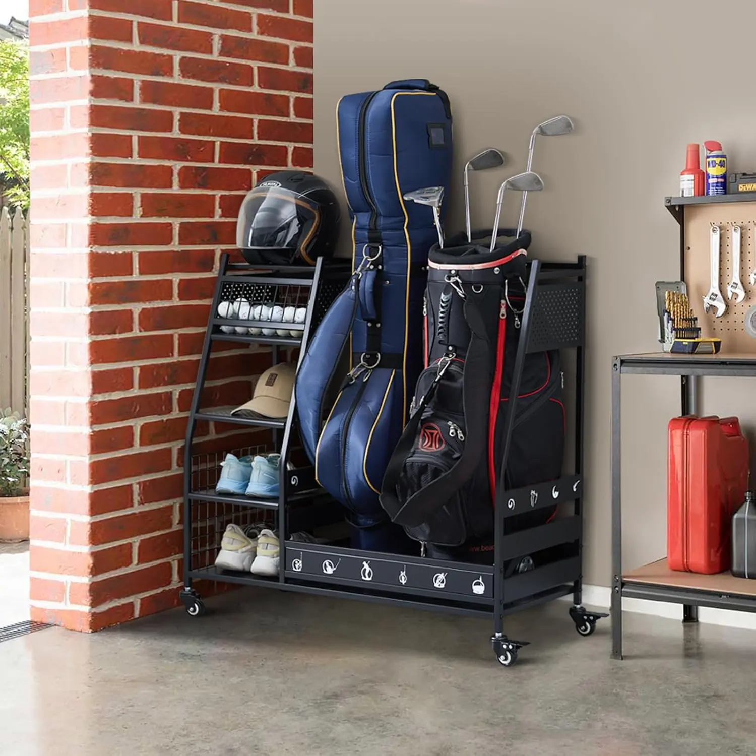 & Golf Bag Organizer Garage Storage, Golf Storage Rack Stand Fits 2 Golf Bags, Golf Clubs and Other Golfing Equipment Accessories, Golf Organizer for Garage, Club, Shed, Basement