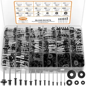1000PCS Aluminum Pop Rivets Assortment Kit, 14 Sizes Pop Rivets (3/32" 1/8" 5/32" 3/16" 1/4") with 5 Size 304 Stainless Steel Backup Washers, Assorted Blind Rivets for Metal with Storage Case