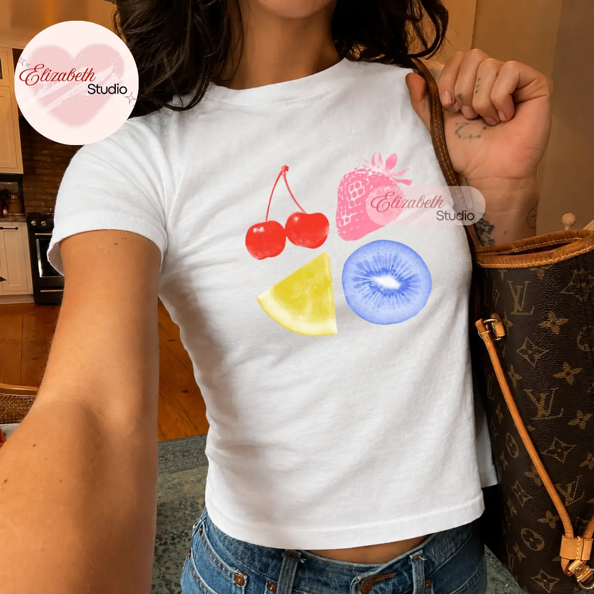 Colorful Fruit Baby Tee, Cherry Strawberry Lemon Kiwi Graphic Shirt, Retro Summer Fruit Aesthetic Top, Cute Y2K Casual Tee