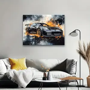1pc Turbo Sports Car Canvas Art Print Black Racing Car Poster with Orange Accents Dynamic Motion Blur Effect Modern Automotive Decor for Living Room Office Garage Ready-to-Hang Wall Decoration Perfect Gift for Car Enthusiasts Office Artwork - Un