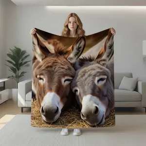1pc Flannel Fleece Blanket, featuring adorable sleeping donkeys, Super Soft Warm Cozy Throw for Bed, Couch, Sofa, Living Room, Bedroom, Travel, Camping, Gift Idea for Adults, Flannel Blankets