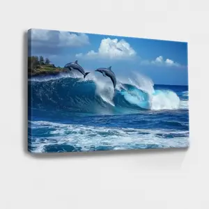 Blue Wall Art, Nature Wall Art, Beach Pictures Dolphins, Ocean, Wave - Modern, Realistic, Natural, Wall Decor Poster for Room, Wood Framed Canvas Painting Photo Ornaments Artist Gifts 1pc