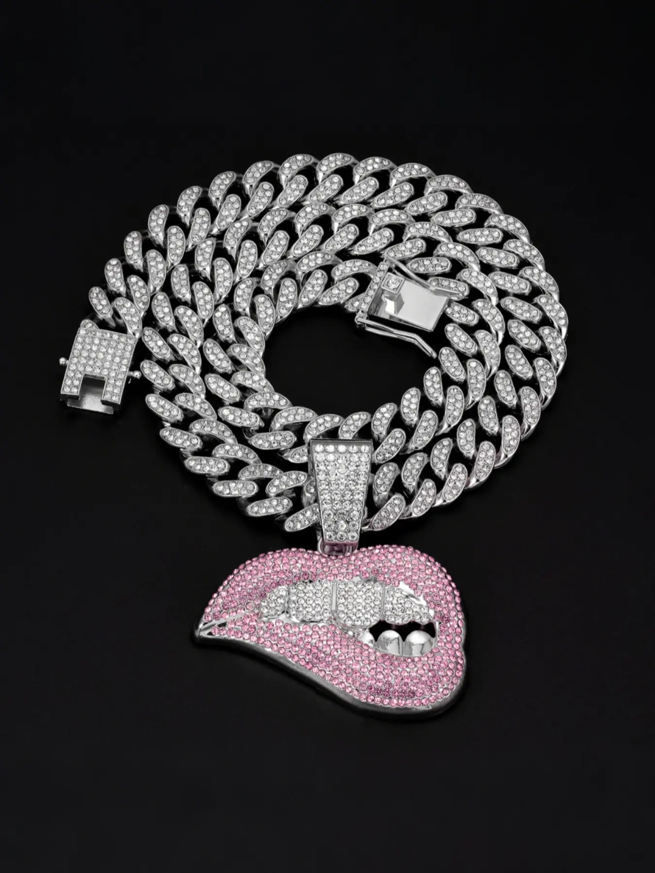 Hip Hop Rhinestone Lip Pendant Necklace, Alloy Chain Zircon Jewelry, Street Style Art Culture Accessory, Unisex Fashion Gift