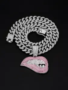 Hip Hop Rhinestone Lip Pendant Necklace, Alloy Chain Zircon Jewelry, Street Style Art Culture Accessory, Unisex Fashion Gift