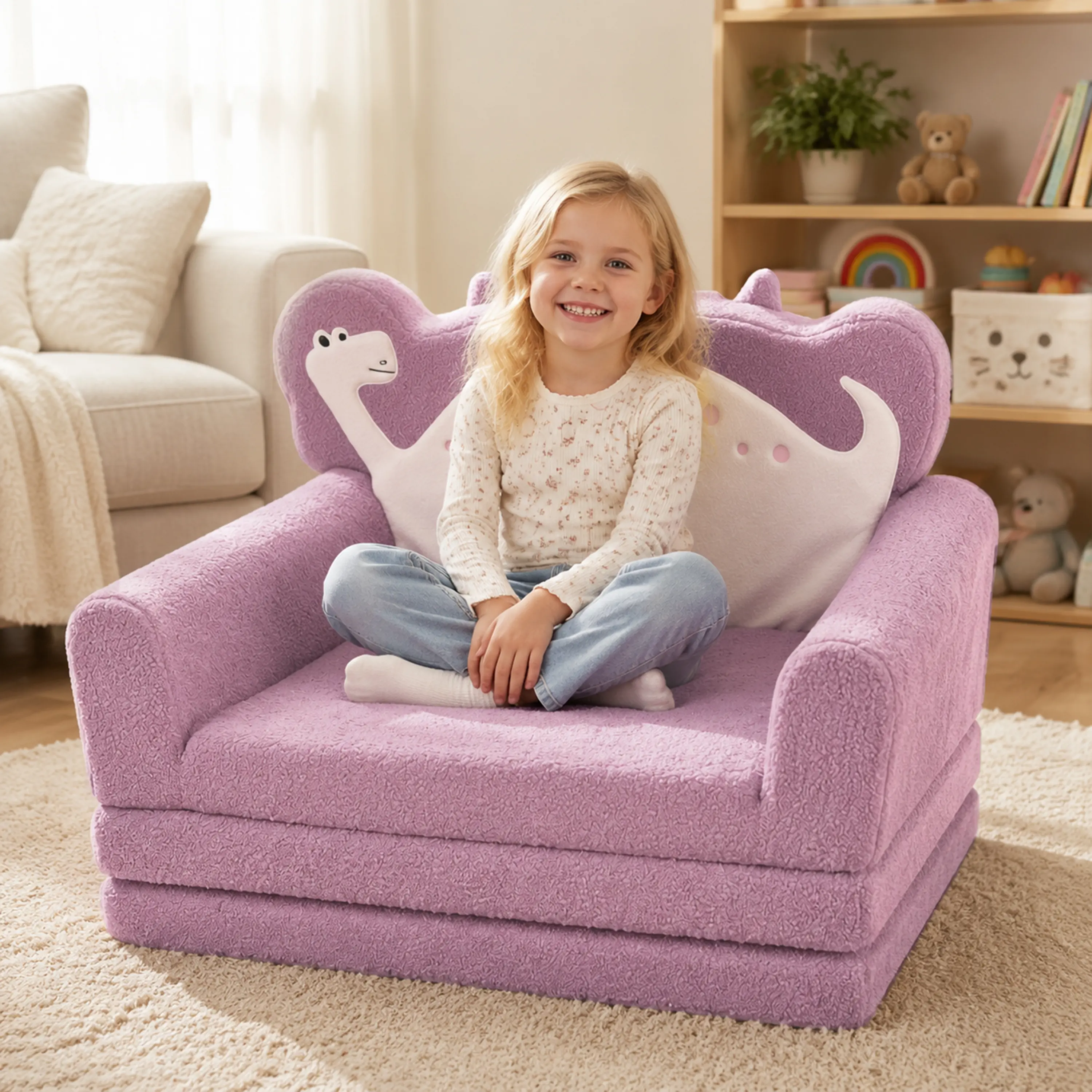 Dinosaur 3 Position Foam Sofa. Seat, Recline, or Flat Sleep. Removable Cover. Machine Washable. Non-Slip Base. High-Density Foam Retains Shape. For Calm Down Corners, Sensory Rooms, Therapy Offices. For Self-Regulation & Sensory Breaks. Ages 2-7.