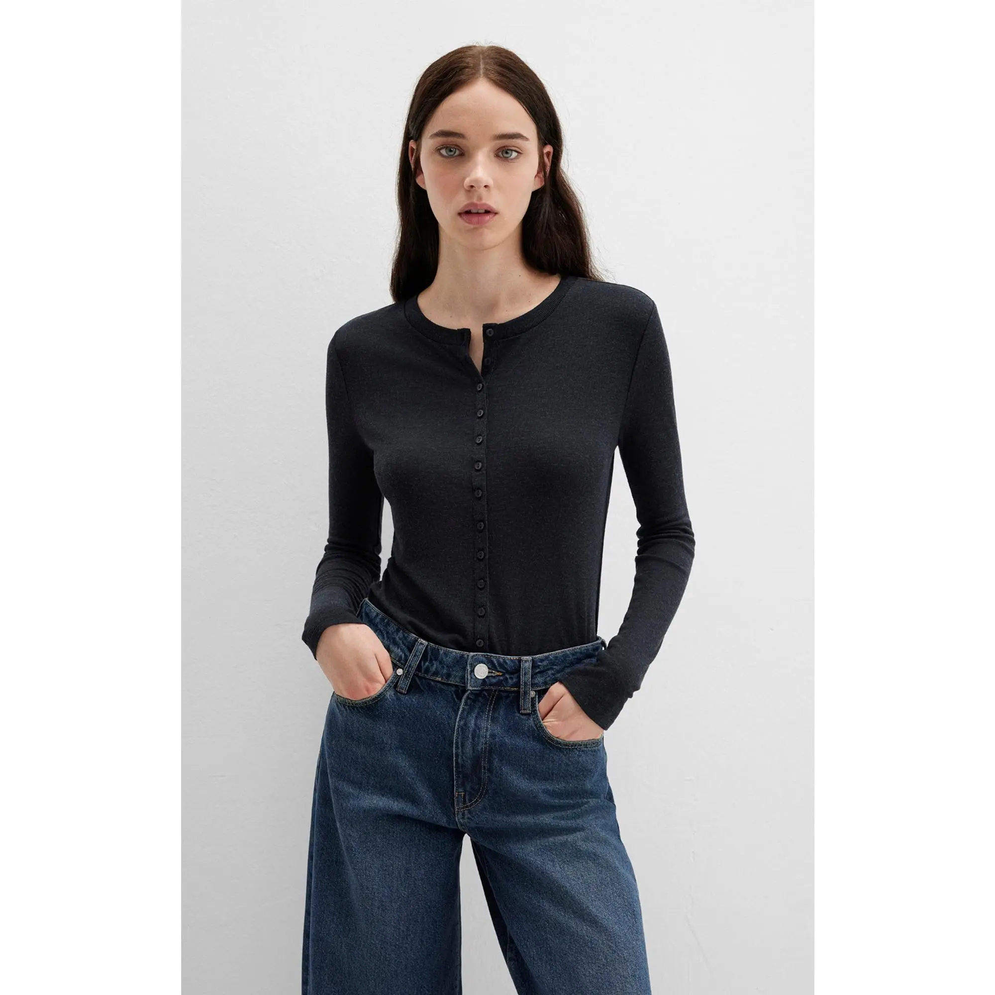 Women's Wool Blend Henley T-Shirt - Casual Slim-Fit Long-Sleeve Crew Neck Basic Fabric Top in Anthracite, Tshirt, Long Sleeves, Button-Front, Viscose Blend, Slim Fit Ease, Plain, Small