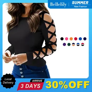 Bellelily Women's Sexy Criss-Cross Long Sleeve Blouse Cut Out Cold Shoulder Tops Hollow Out Dressy Casual Basic Shirts