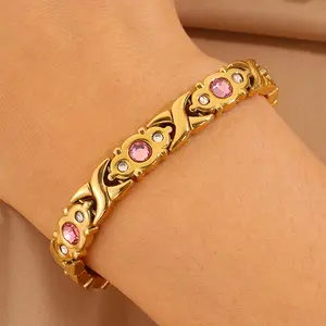 Multicolor Alloy Diamond Magnetic Therapy Bracelet for Women, Shiny Pink Crystal Design, Adjustable Size, Relieve Fatigue Health Care Wristband, Perfect for Daily Wear, Dating & Gift Giving