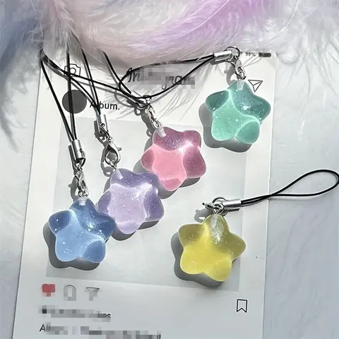 【 5-piece set 】 Cute jelly thin sparkling chubby star mobile phone rope pendant pink tender girl heart pentagram sweet bag decoration couple gift Phone Charm Phone Accessory Mobile Phone Accessories