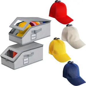 Hat Organizer for Baseball Caps - Holds Up to 30 Caps, Includes 4 Hat Hooks, Closet Stackable Hat Box with Cardboard, Sturdy & Durable  Baseball Cap Organizer (2, Light Gray)