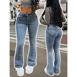 Autumn women's mid waist washed elastic tight flared pants elastic jeans, lifted hip slim flared pants, Christmas atmosphere clothing